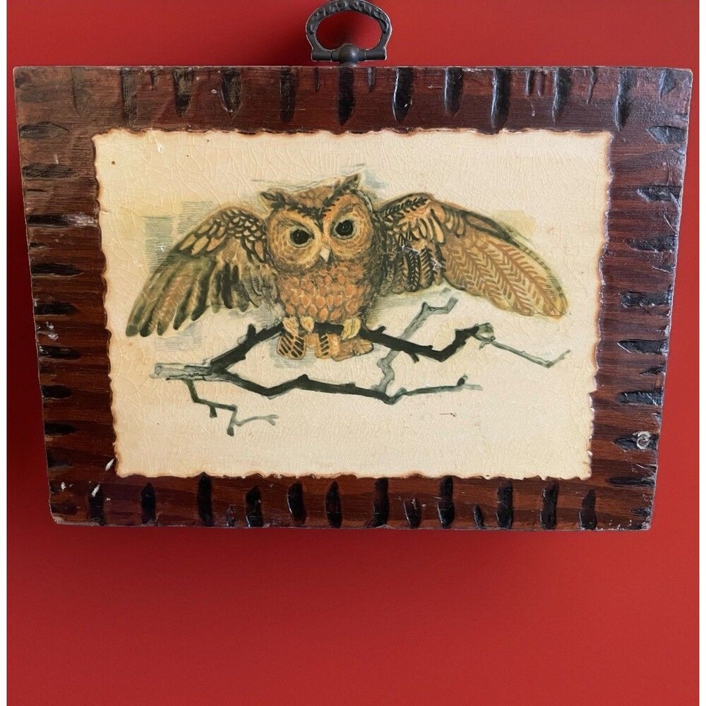 Vintage 60s 70s Screech Owl Print On Wood Block Retro Cabincore Twin Peaks